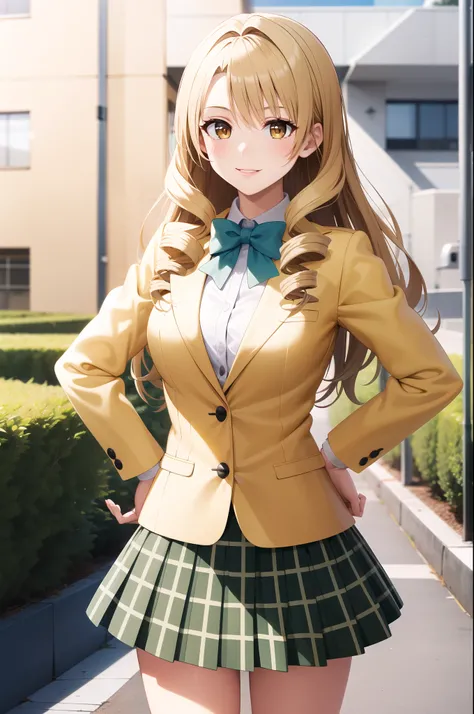 masterpiece, highest quality, High resolution, 1 girl, alone, long hair, blonde hair, double good, drill hair, brown eyes, , green bow tie, white shirt, yellow blazer, long sleeve, plaid skirt, green skirt, Are standing,hands on hip, cowboy shot, outdoor,g...