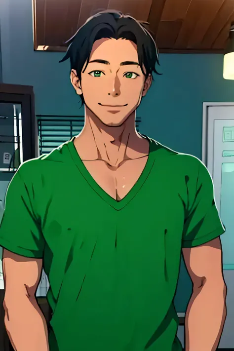  Young man about 31 years old,  with slightly tanned skin, green eyes and black hair , Knob and smiling,  in the drawing style of Shingueki no Kyojin