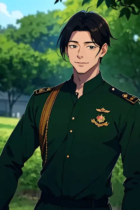  Young man about 31 years old, with a very dark skin tone from the sun , green eyes and black hair , Perilla,  smiling and wearing a black military uniform,  in the drawing style of Shingueki no Kyojin