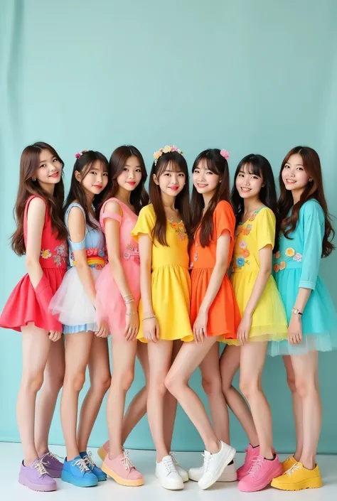 7 innocents girl group in colourful dress line up for concept photo for girl group photo. No skin colorful dress for 7 members. 