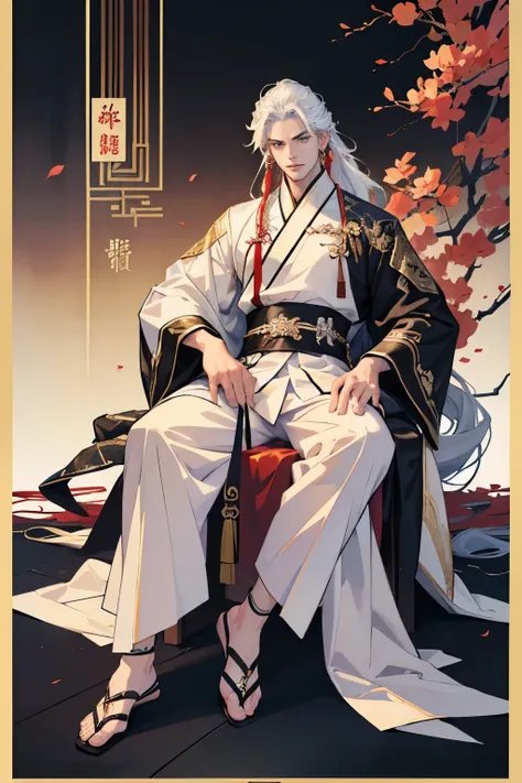 male , Age 20 ,  Emperors of China ,   long hair tied belt  .  handsome pisces ,  fierce face ,  White Hanfu mafia  (  sitting on a throne  ) Chinese architecture background in buildings Novel cover , manhwa ,  romantic book cover  , Novel cover ,   illust...