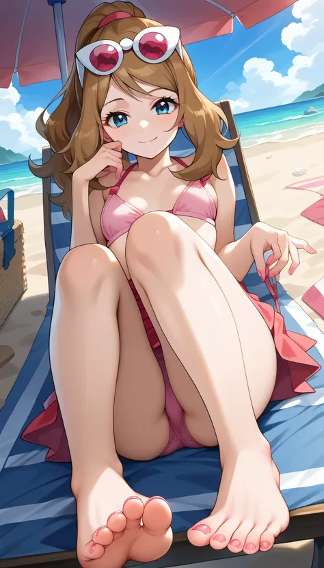 score_9, score_8_up, score_7_up, source_anime,
pokemonserena, serena, long hair, blue eyes, brown hair, small breasts, ponytail 
On a beach , beach and sand on the background, sun chair, Sitting on a sun bed, wearing a pink bikini,barefoot, Pink polished n...