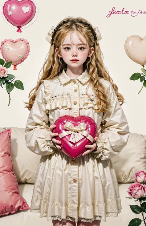   blonde half up　  long sleeve check dress　 リボンヘアアクセサリー　I'm holding a present in front of my face　Illustration touch　fluffy heart shaped cushion 　Heart balloon　white rose decoration　 Valentine