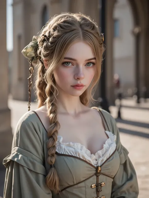 one girl , masterpiece, top quality , 8k, shows off the cathedral with a delicate skin texture , detailed cloth texture, beautiful detailed faces from faces and clothes、Outdoor shooting, ultra detail , European style girl, green eyes,...