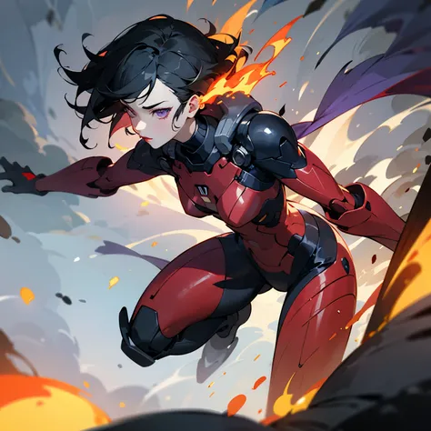 ((best quality)), ((masterpiece)), (detailed), 1girl, red lipstick, short black hair, black skin, ((red battle suit)), purple eyes, fire details