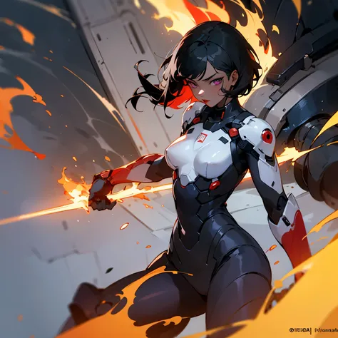 ((best quality)), ((masterpiece)), (detailed), 1girl, red lipstick, short black hair, (black skin), ((red battle suit)), purple eyes, fire details