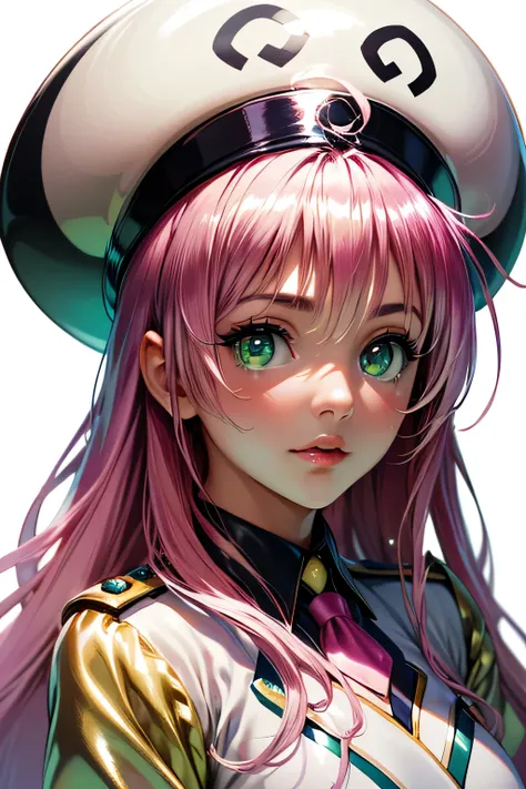  top quality, highest resolution ,(((Metallic Shiny Uniform　shiny pink hair　 shiny skin　 green eyes　 girl　hat)))