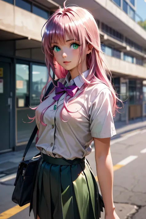  top quality, highest resolution ,(((metallic shiny school uniform　shiny pink hair　 shiny skin　 green eyes　 girl)))