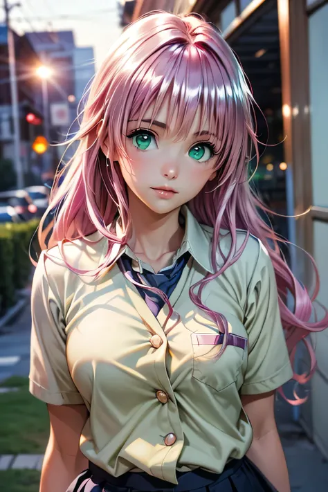  top quality, highest resolution ,(((metallic shiny school uniform　shiny pink hair　 shiny skin　 green eyes　 girl)))