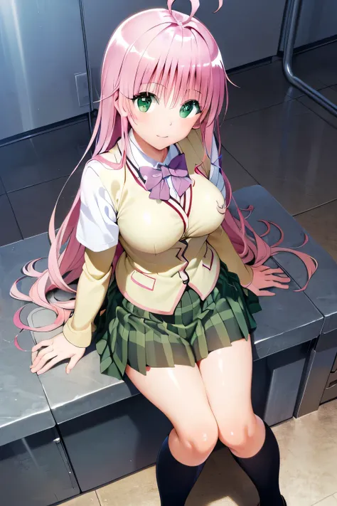  top quality, highest resolution ,(((metallic shiny school uniform　shiny pink hair　 shiny skin　 green eyes　 girl)))