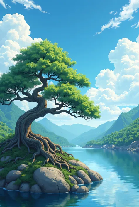 Japanese bonsai in anime style with landscape and lake in the background