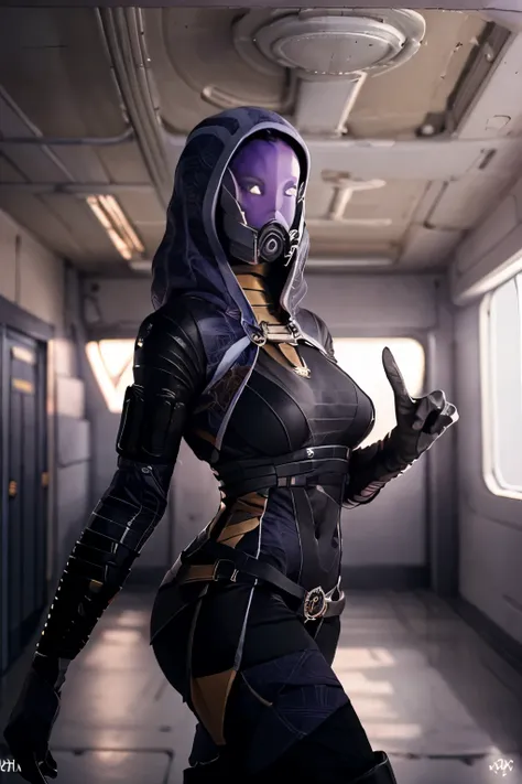 Solo, female, ((starship corridor)), black gloves, three fingers