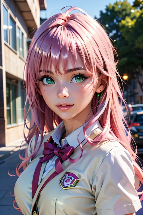  top quality, highest resolution ,(((metallic shiny school uniform　shiny pink hair　 shiny skin　 green eyes　 girl)))