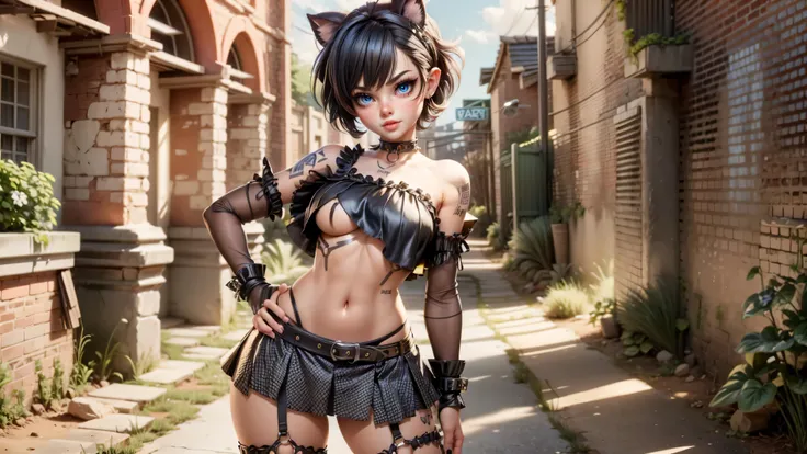 ((1girl, solo)), standing in a dark alley, edgy, goth girl, punk girl, young girl, cute girl, skinny, petite, ((punk makeup)), ((short hair)), ((pixie cut)), ((black hair)), ((streaks in her hair)), ((loose top)), midriff, ((top loosely draped over her bre...