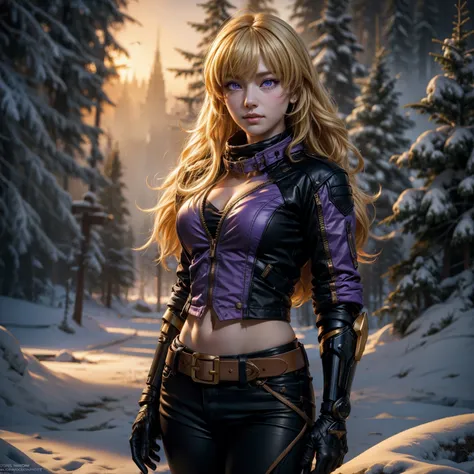 nighttime, stars, yangxiaolong, yang xiao long, smiling, long hair, blonde hair, (purple eyes:1.3), ahoge, bangs, BREAK cleavage, jacket, black pants, belt, mechanical arms, single mechanical arm, prosthesis, prosthetic arm, BREAK standing in field, next t...