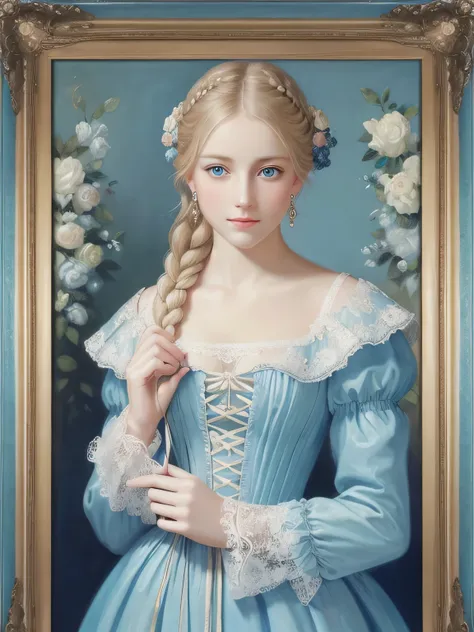  1 girl,  high resolution, blue eyes,  blonde,  earrings, frame, masterpiece,  abstract painting, accurate,  top quality,  high resolution,  single braid , Solemn,  collage, Baroque,  digital art, Rococo,  Romantic Light Blue Theme　long sleeve dress with l...