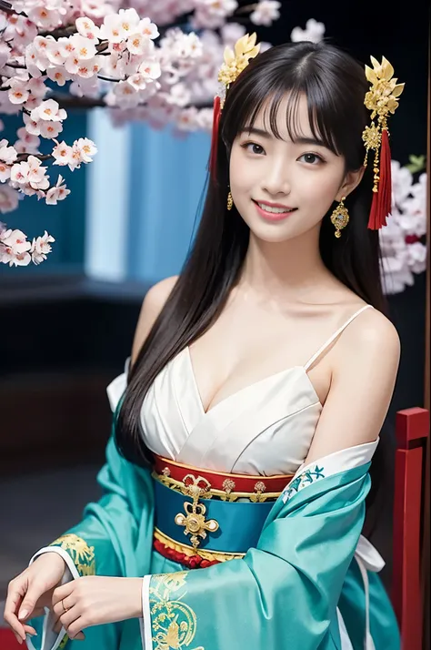 A girl , idol, detailed shrine maiden clothes, Full body shot, turquoise blue and gold shrine maiden clothes, Luxury shrine maiden clothes with detailed embroidery, bare shoulders, long hair, wearing transparent , best quality, (hair ornament:1.35), jewelr...