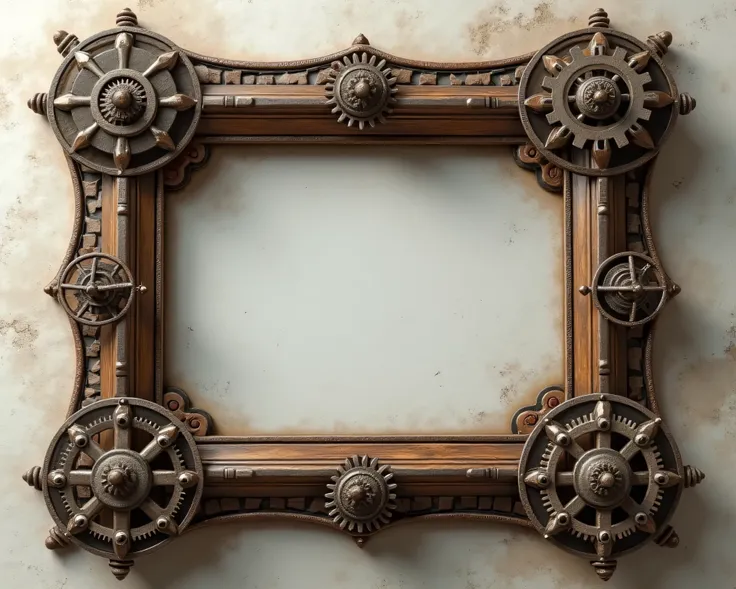 Picture Frame　 antique 　 front view　Decorations with cogs and wires stretched around　Rusty