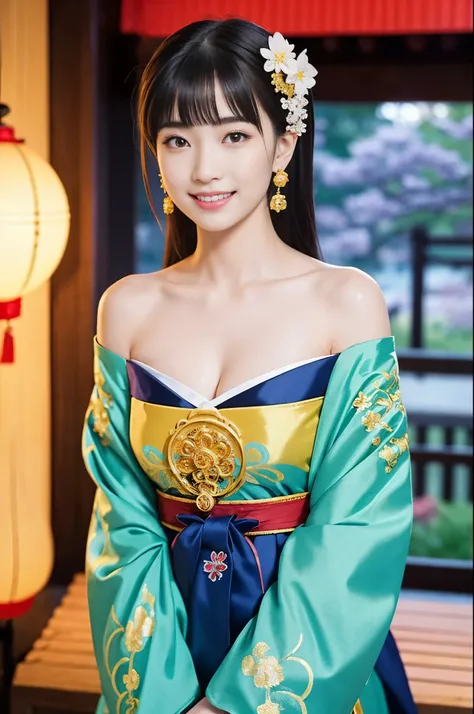 A girl , idol, detailed shrine maiden clothes, Full body shot, turquoise blue and gold shrine maiden clothes, Luxury shrine maiden clothes with detailed embroidery, bare shoulders, long hair, wearing transparent , best quality, (hair ornament:1.35), jewelr...