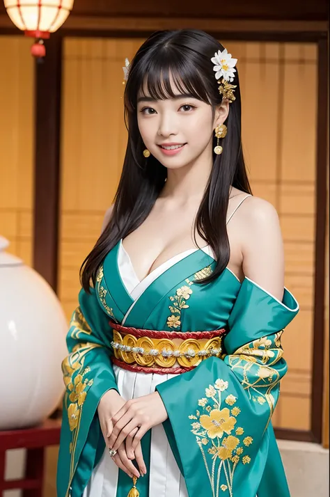 A girl , idol, detailed shrine maiden clothes, Full body shot, turquoise blue and gold shrine maiden clothes, Luxury shrine maiden clothes with detailed embroidery, bare shoulders, long hair, wearing transparent , best quality, (hair ornament:1.35), jewelr...