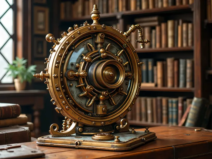  Steampunk　Library　 antique 　Lots of old books　mechanical bookcase 　 complex mechanical magnifier　gear