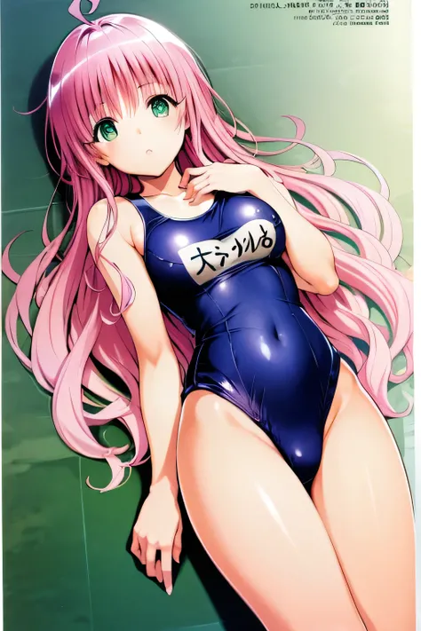  top quality, highest resolution ,(((metallic shiny school swimsuit　shiny pink hair　 shiny skin　 green eyes　 girl)))