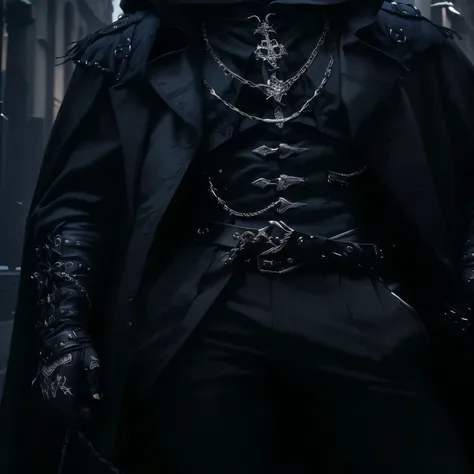 arafed man in a black coat and a chain belt, black leather robes! intricate,  all black cyberpunk clothes , hyper - goth, neo goth, metal chain and black cape, dark fantasy style, wearing modern gothic clothes, ominous gothic aesthetic, gothic clothes, got...