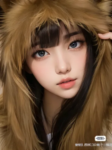 Busy woman wearing a furry hoodie and a furry coat, cute bangs, anime girl in real life, Head shot of a hairy young female , 🤤 portrait of ,  brown hair and big eyes ,  Straight bangs fall over her forehead ,  chemonomime,  sakimichan in the details, cute ...