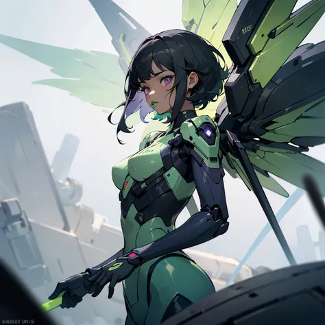 ((best quality)), ((masterpiece)), (detailed), 1girl, green lipstick, short black hair, (black skin), ((green battle suit)), purple eyes, electric details, mechanical wings