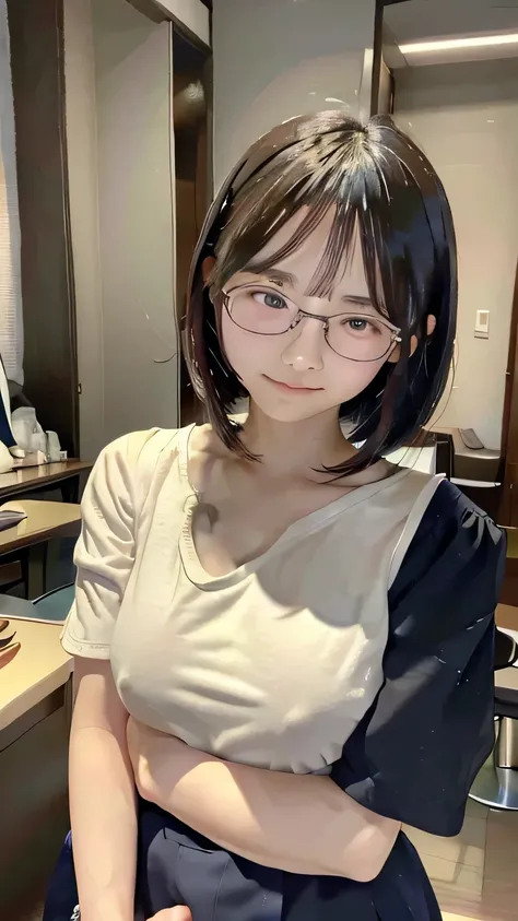 (masterpiece:1.2), Japanese, (15yo), (a schoolgirls), short sleeves, glasses, holding tits, 