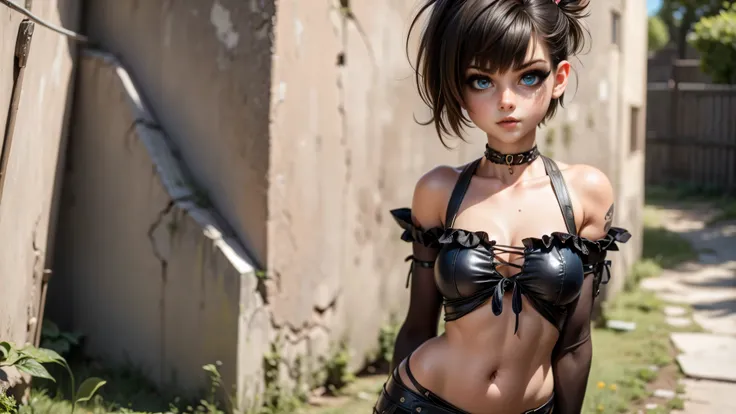 ((1girl, solo)), standing in a dark alley, edgy, goth girl, punk girl, young girl, cute girl, skinny, petite, ((punk makeup)), ((short hair)), ((pixie cut)), ((black hair)), ((streaks in her hair)), ((loose top)), midriff, ((top loosely draped over her bre...