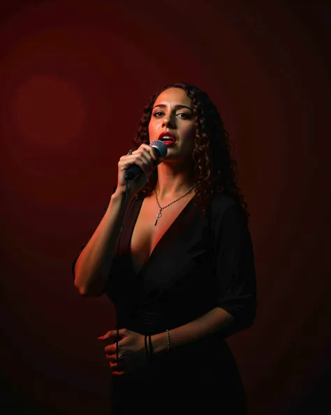 Create an image of a woman singing in a bar, on a stage. The scene should be in a Photographic style. Capture the emotion of Calm. The format should be fashion, fashon. Use Spot lighting that highlights the details. Use a Portrait lens to focus on the key ...