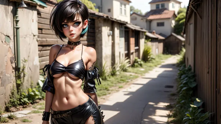 ((1girl, solo)), standing in a dark alley, edgy, goth girl, punk girl, young girl, cute girl, skinny, petite, ((punk makeup)), ((short hair)), ((pixie cut)), ((black hair)), ((streaks in her hair)), ((loose top)), midriff, ((top loosely draped over her bre...