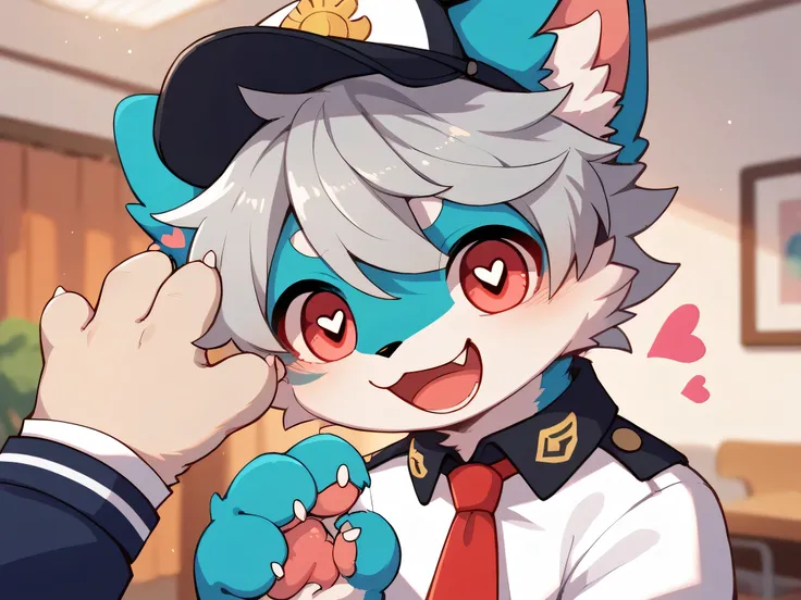  very detailedな, very detailed, blue fur gray hair,,male,骨を見てExcited, heart eyes,participate, red collar, green white and colored hat, cute face,Like a dog,Pets, tie a collar and string , fluffy fur like one,Excited,Horny boy,「paw」「give paw」「shake hands」 '...