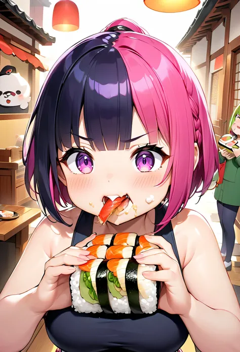  top quality、 high resolution、( HD:1.2)、 Masterpiece、 detailed background、 Details、 anatomically correct、Normal number of fingers、age beauty、Bright-colored hair、 ponytail 、Braided bob cut、Ehomaki、
 girls do their best to eat thick sushi rolls、Facing this y...