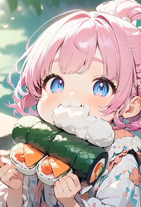 top quality、 high resolution、( HD:1.2)、 Masterpiece、 detailed background、 Details、 anatomically correct、Normal number of fingers、age beauty、Bright-colored hair、 ponytail 、Braided bob cut、Ehomaki、
girls do their best to eat thick sushi rolls、Facing this y...