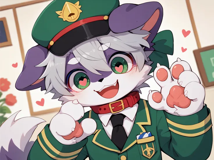  very detailedな, very detailed,gray hair with dark purple fur,,male,骨を見てExcited, heart eyes,participate, red collar, green white and colored hat, cute face,Like a dog,Pets, tie a collar and string , fluffy fur like one,Excited,Horny boy,「paw」「give paw」「sha...