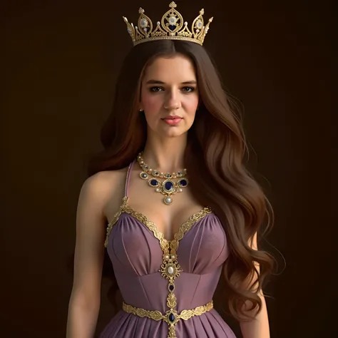 Use this image and create a beautiful woman ((realista 4k)) with long brown hair . What a luxurious queen dress wears, with gold and silver ornaments. Que vista gold bracelets.  To wear a gold necklace with sapphires. To wear a queen's crown. What a dress ...