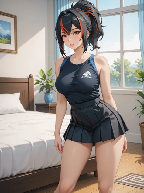 Masterpiece, extremely detailed,4k,solo, 1girl,zhu yuan,ponytail streaked hair, beauty anime face, full body, stand up,perfect slim body , bright body skin, thin lips,perfect slim body, very large breasts,black tshirt,black skirt, Front look, bed room, sun...