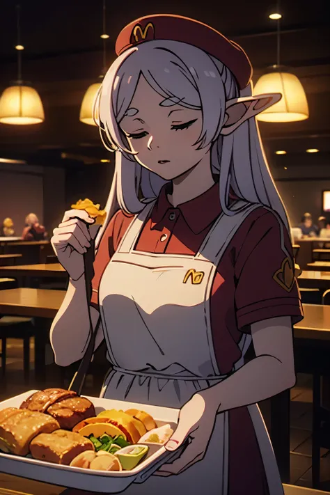 Sleepy elf Frieren from Sousou no Frieren, wearing a detailed McDonald's employee uniform: a red polo shirt with the golden arches logo, a branded hat, and a classic McDonald's apron. Her long silver hair is slightly messy, and her eyes are half-closed as ...