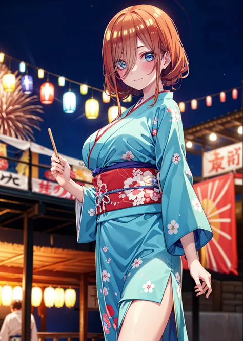 Nakano Future, Alone, long hair, bangs,  blue eyes,  brown hair,  long hair, bangs,  blue eyes,  brown hair,  hair between eyes ,smile,blush,Big Breasts, legs ,Blue flower pattern kimono, side lock, long skirt ,日本のfestival,夏festivalの屋台,,Fireworks in the ni...