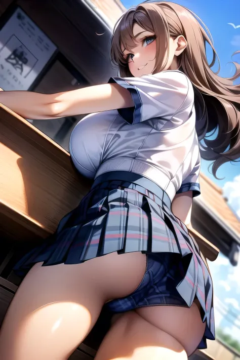 (((( dynamic images)))、((Impactful images))(Two cars)(((motorcycle)))(motorcycle)(motorcycle)(Sit on the bike seat、 Japanese high school girl waiting at a traffic light )、  Short Sleeve White Shirt  、  get behind the wheel、  I can see her underwear from he...