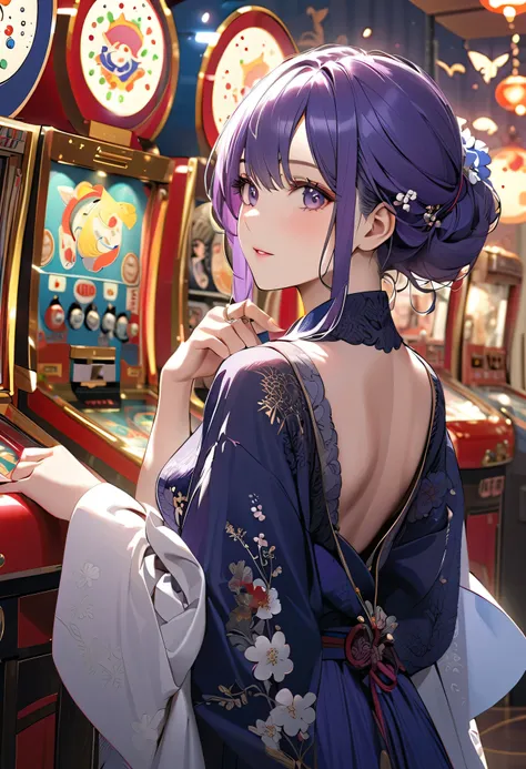  top quality、 high resolution、( HD:1.2)、 Masterpiece、 detailed background、 beautiful woman in her 20s 、 big size、( highly detailed faces at a pachinko parlor:1.4)、 elegant atmosphere、 A fantastic and elegant scene that makes you feel the beauty of Japan、 a...