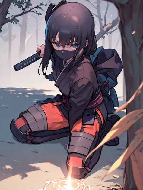  vector art、(( female ninja in quest、 Warring States Period))、 female ninja in quest、 cute、 tree branch in clear glass、Sakurafubuki 、Beautiful work、 Light Productions、 Shadows are cast by sunlight filtering through the trees