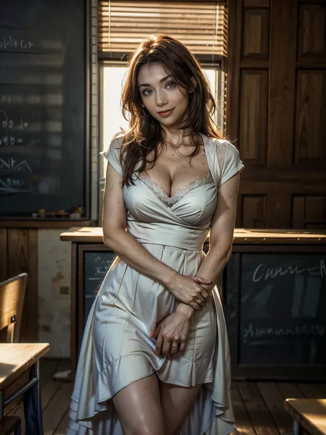 a beautiful female teacher, elegant dress, flirtatious expression, long brown hair, blue eyes, warm smile, standing in a classroom, sunlight through windows, chalkboard in background, detailed facial features, photorealistic, cinematic lighting, highly det...