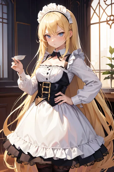 Anime style , 1 girl , ultra detailed,  loli body,  very long blonde hair frinje, collar  disappointed face,  angry, maid uniform , garterbelt ,lace stockings ,mansion , pet pose