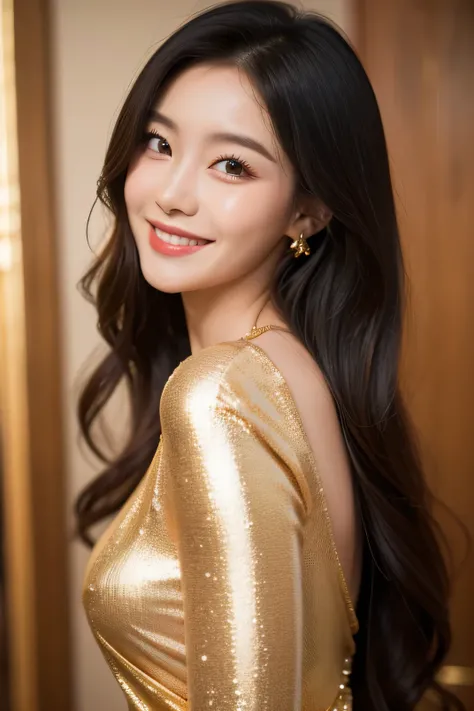  Woman with long hair and gold dress, beautiful with smile ,   blush long lashes High resolution , 