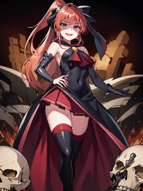  best quality , Masterpiece,  One Girl,Not beautiful, red horsetail,  long dress ,  Blog,  hair bow,   black knee-high socks,   standing on rubble  ,  , ,,Dark Shadow Face , Sadistic Laugh ,,malice,Contempt,smile,,Bad face,, red skirt,both hands,Two legs, ...