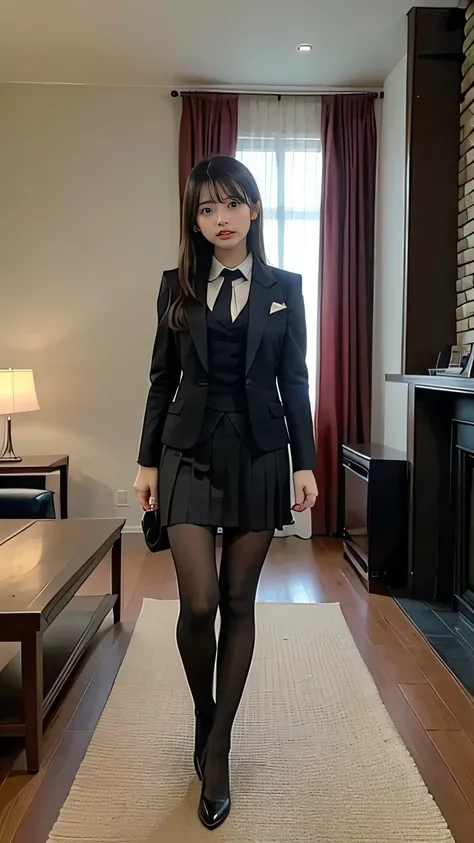 (( Masterpiece:1.4))、(( required items:1.4))、Woman with long light brown hair 、(( living room:1.4))、((Full body shot:1.5))、Standing in a hotel bedroom、 is wearing a black pleated skirt 、very  sexy costume,  wearing a strict suit 、 is walking down the stree...