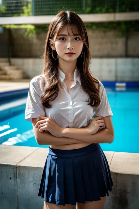 (masterpiece:1.2), (very aesthetic:1.3), (absurdres:1.3),  1girl , young adult, cleaning, standing pose, full body shot, side view, concentrated expression, focused gaze, empty outdoor swimming pool at school, long-handled brush, summer day, school uniform...